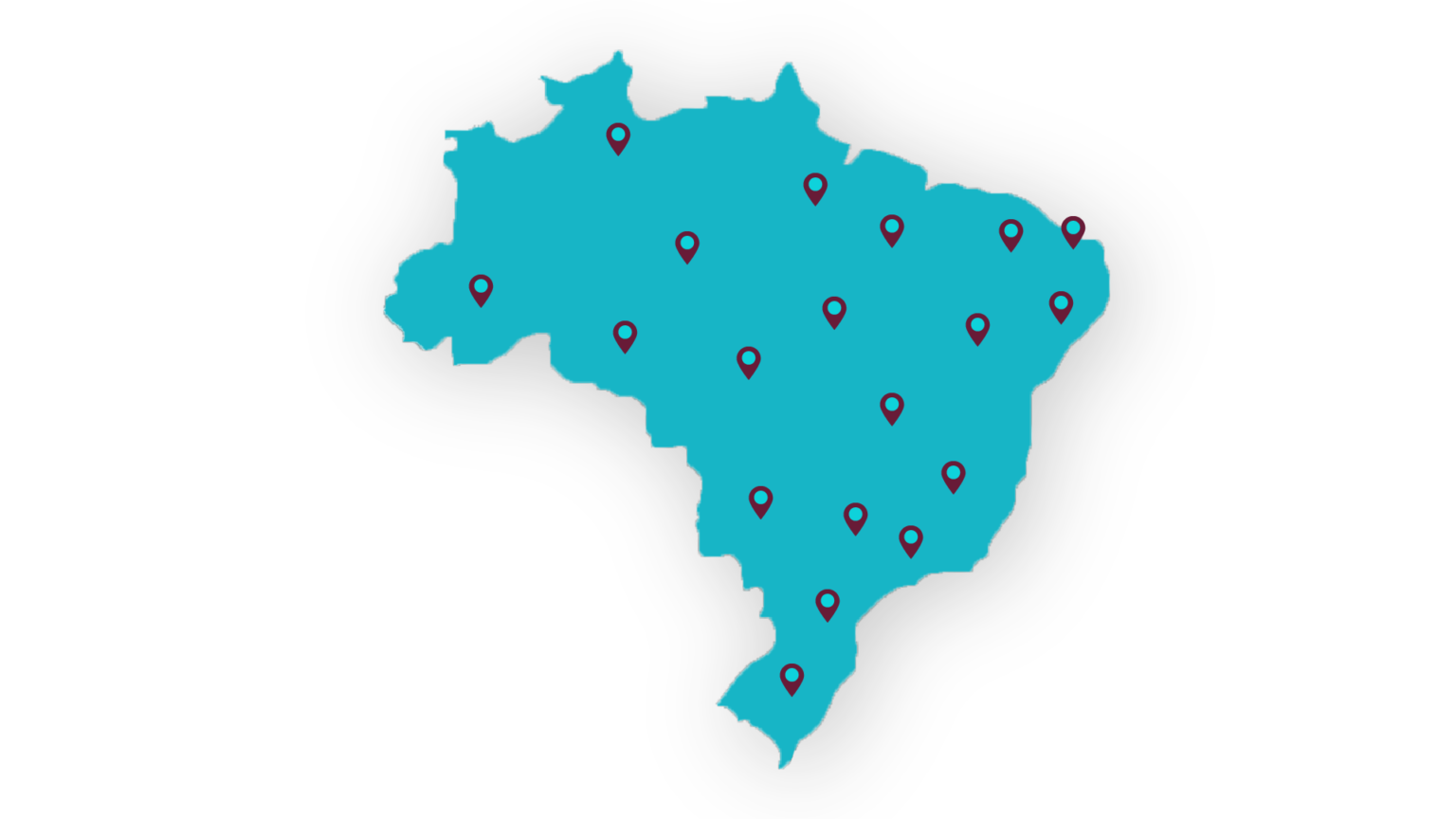 Um mapa azul do Brasil com diversos "pins" espalhados pelo país.