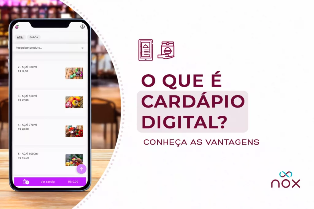 Cardápio digital mostrado na tela de um smartphone. Nele, há uma lista de açaí para comprar.