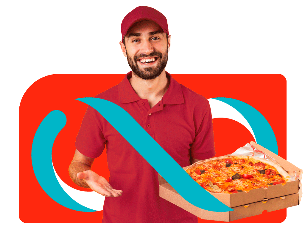Um entregador segurando uma caixa de pizza. Ao seu redor, há o símbolo da Nox Automação.