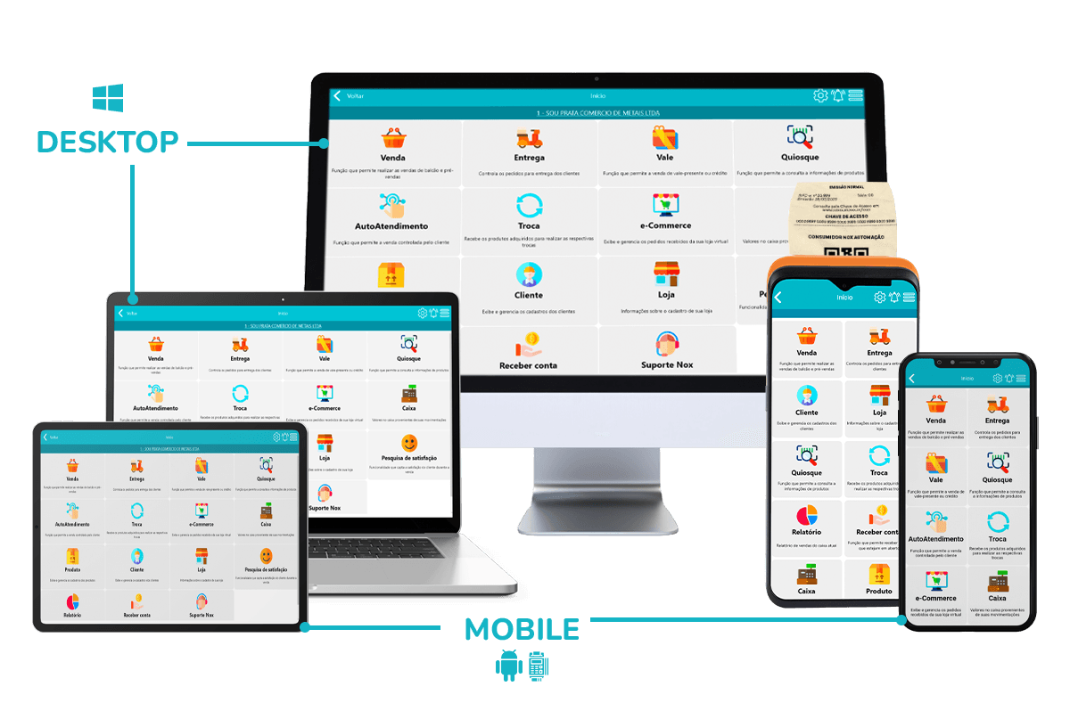 PDV do NoxMob Varejo em diferentes dispositivos: computador, tablet e celular