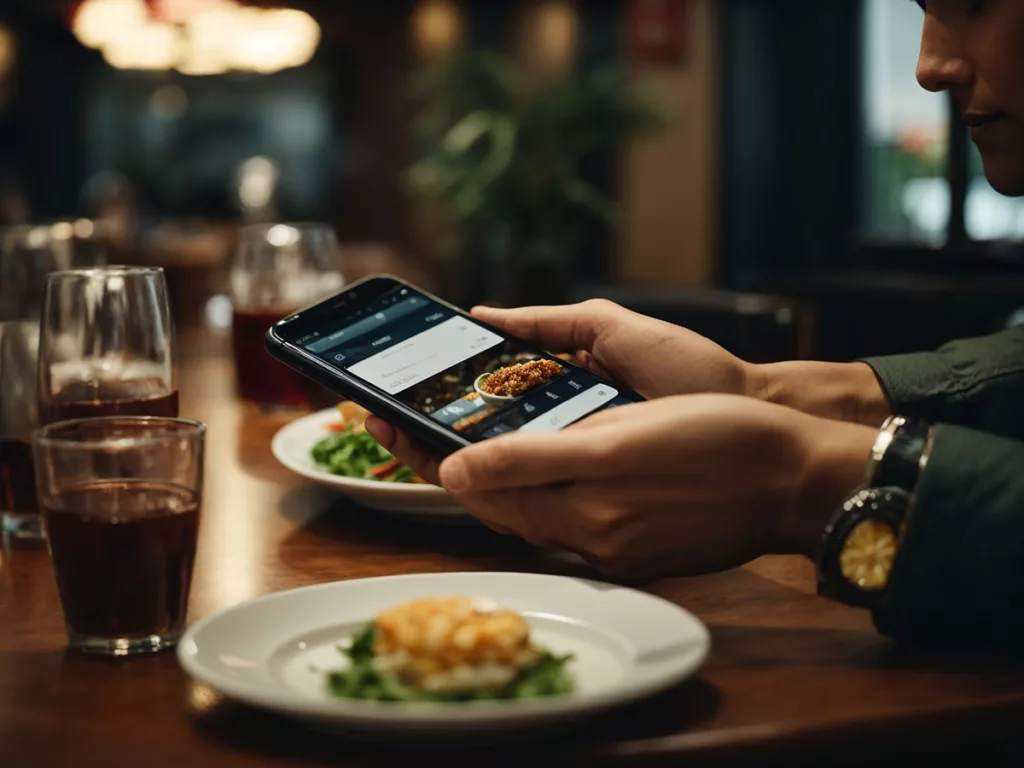 Um cliente utiliza seu smartphone para verificar um prato de comida no cardápio digital