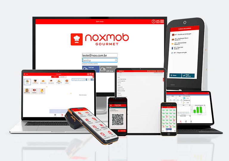 Diversos disposistivos (como computador, maquininha de cartão e smartphone) mostrando a tela inicial do NoxMob Gourmet.