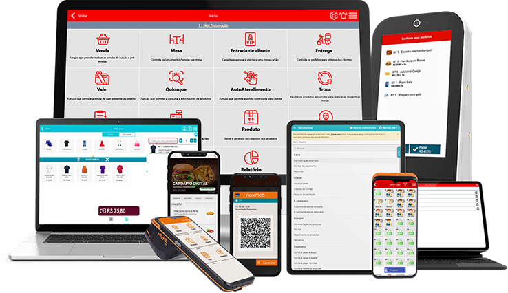 Diversos dispositivos como smartphone, maquininha de cartão, notebook e PC mostrando a tela inicial do NoxMob.