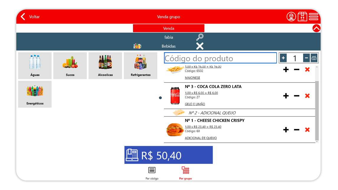 Tela de venda do PDV NoxMob Gourmet com os produtos lançados para gerar a ficha de consumo