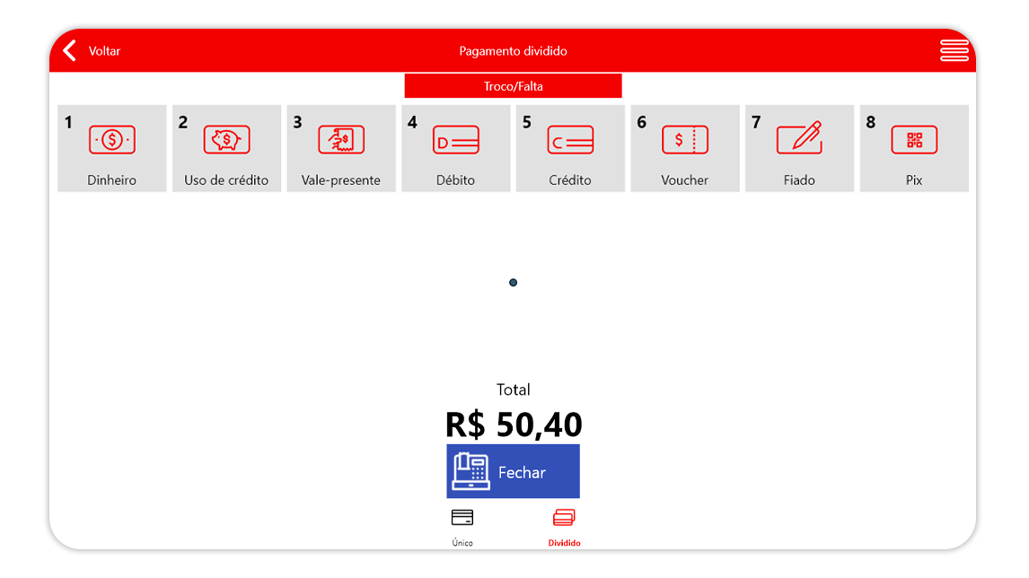 Tela de pagamento dividido do PDV NoxMob Gourmet com o valor que falta pagar