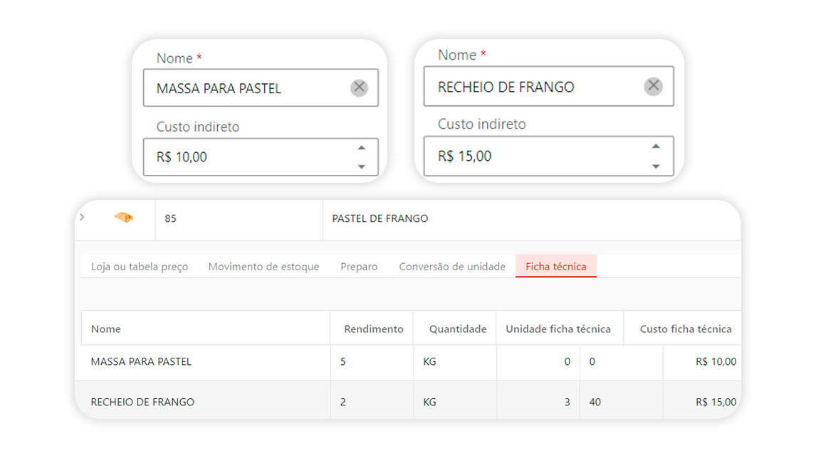 Custo indireto informado na ficha técnica do NoxMob Gourmet