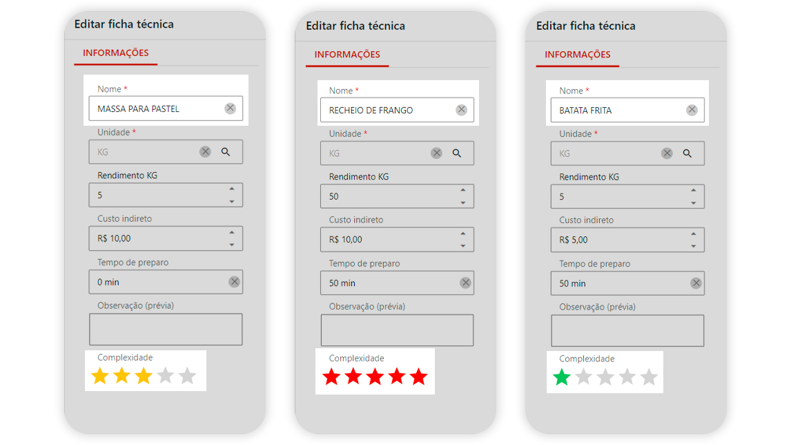Complexidade da receita na ficha técnica do NoxMob Gourmet
