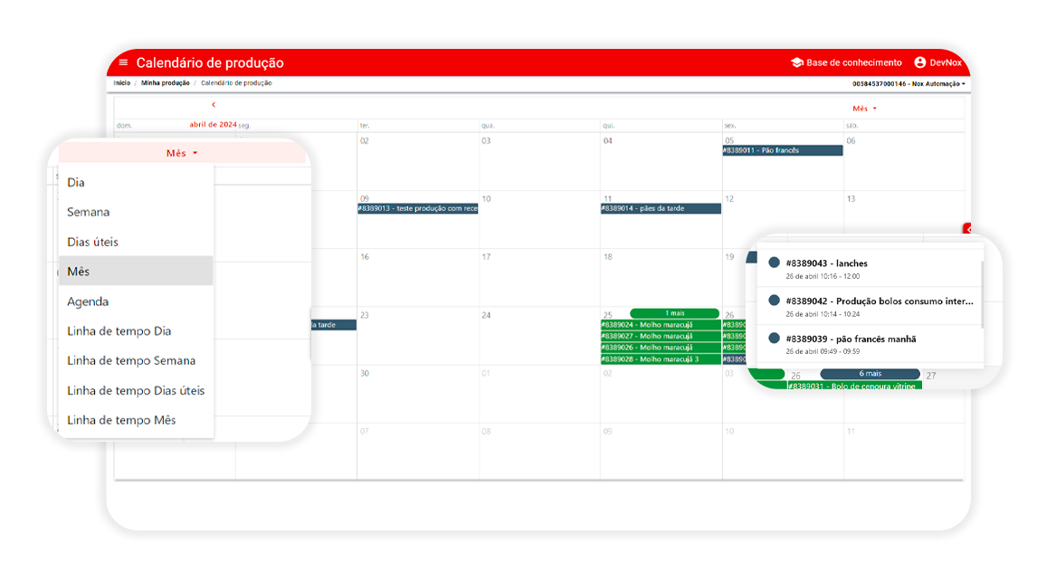 Calendário de produção na Retaguarda WEB do NoxMob Gourmet