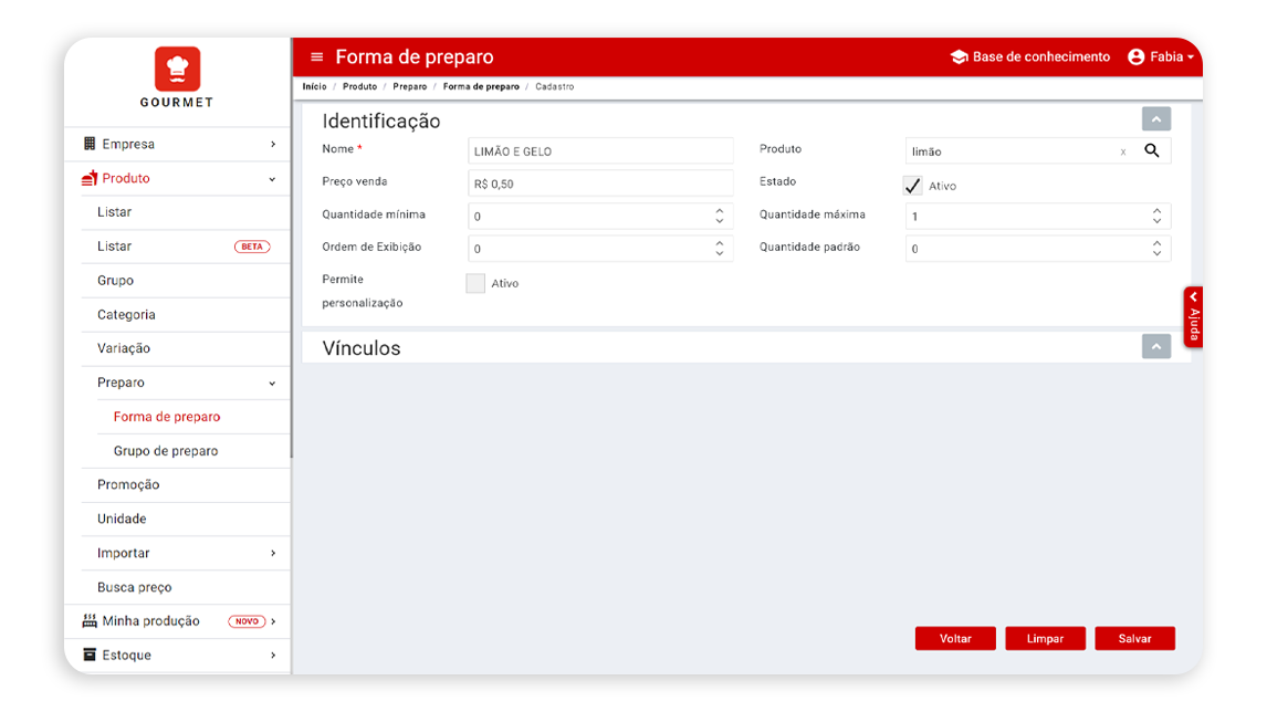 Tela Forma de preparo do NoxMob Gourmet com nome, preço de venda, produto, quantidades e ordem de exibição