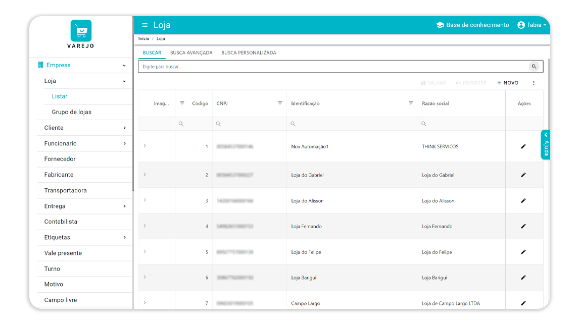 Tela de lista de lojas da Retaguarda Web do NoxMob Varejo