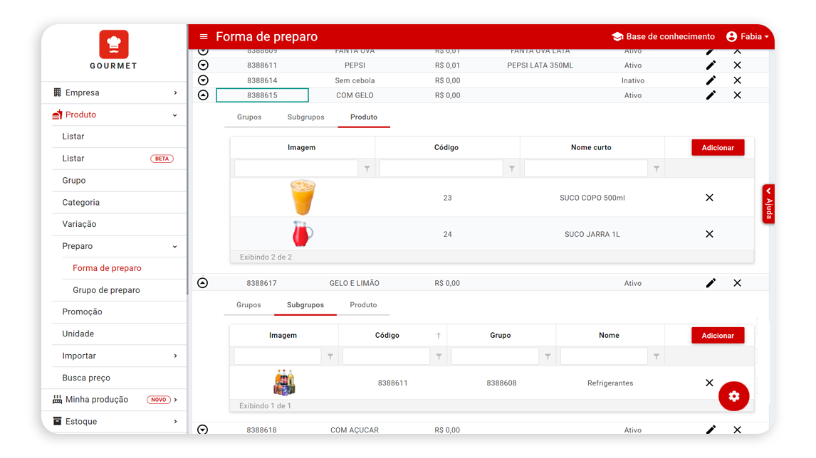 Aba Vínculos de uma forma de preparo no NoxMob Gourmet, com abas de grupos, subgrupos e produtos