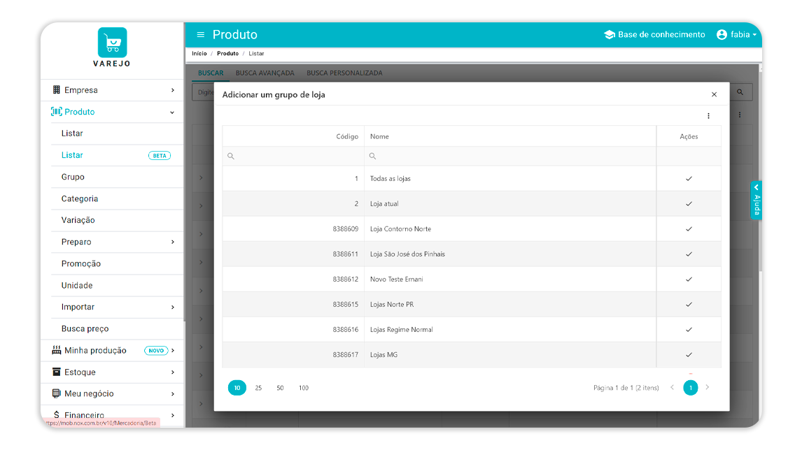 Tela de produtos por loja da Retaguarda Web do NoxMob Varejo