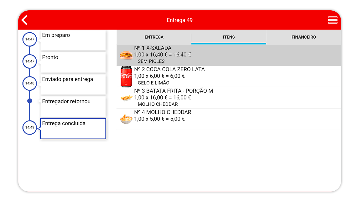 Tela do NoxMob acompanhando um pedido do iFood, do recebimento até a entrega