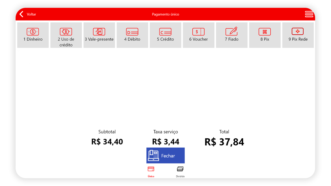 Tela de pagamento da mesa no NoxMob Gourmet com subtotal, taxa de serviço e total