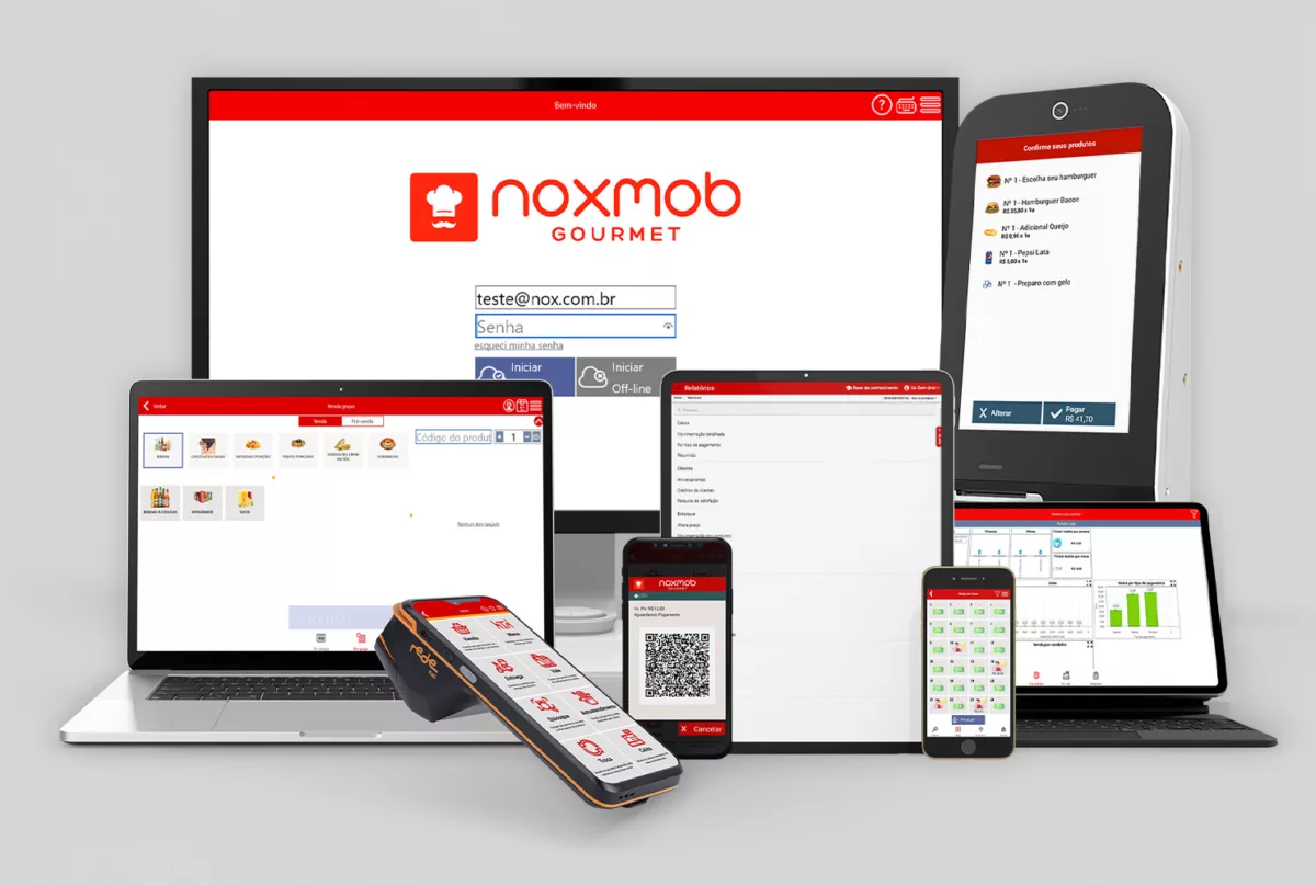 Retaguarda WEB, app de gestão e PDV do NoxMob Gourmet em computador, tablet e celular