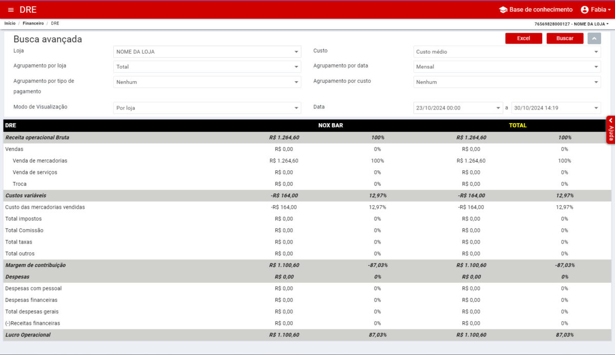 Relatório DRE do sistema financeiro para restaurante do NoxMob Gourmet
