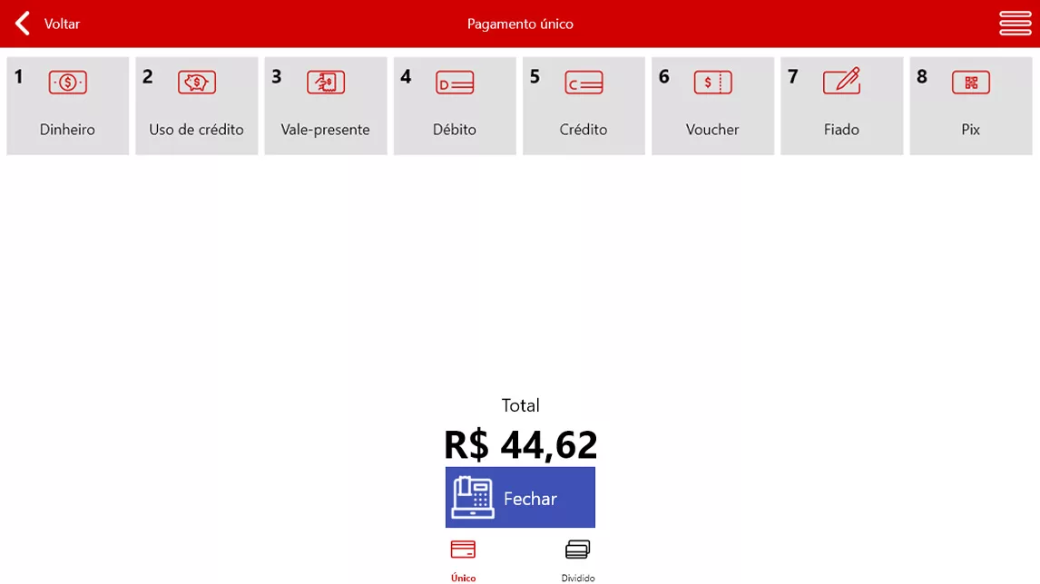 Tela de pagamento do PDV do NoxMob Gourmet com várias formas de pagamento