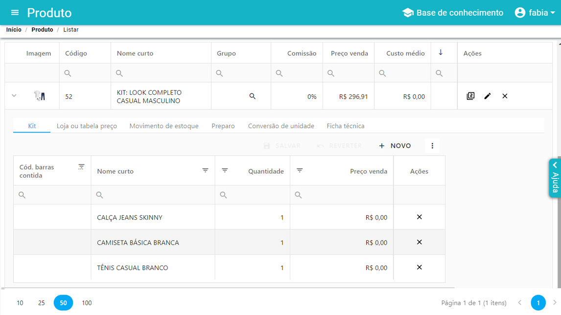 Tela do NoxMob Varejo com kit de mercadorias e o controle de saída de estoque de cada item