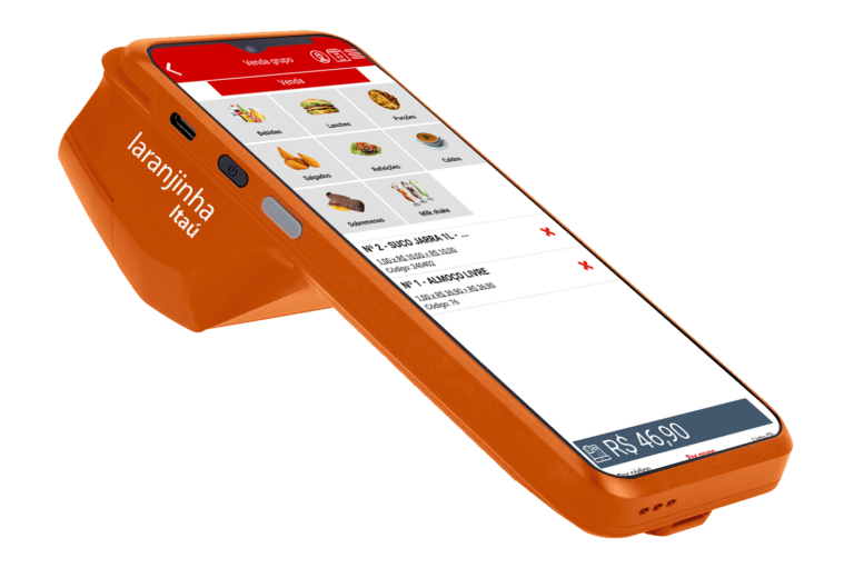 Maquininha de cartão com o sistema de gestão NoxMob Gourmet aberto na tela
