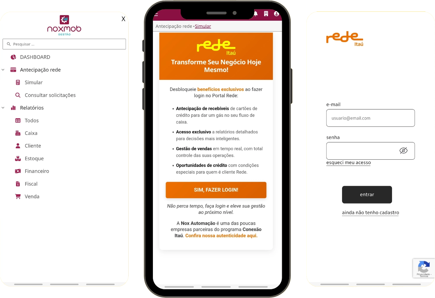 Telas do NoxMob com o menu Antecipação Rede e o acesso ao portal da Rede