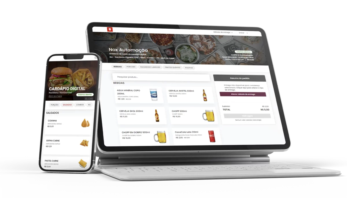 Cardápio digital do NoxMob em um celular e em um tablet