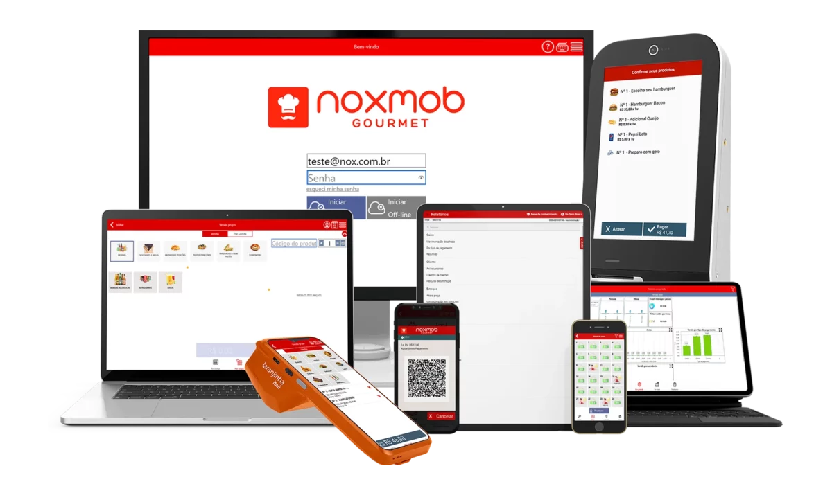 Computador, tablet, celular e maquininha com as telas do PDV NoxMob Gourmet