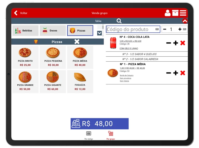 Tela do sistema NoxMob com o pedido de pizza montado no PDV