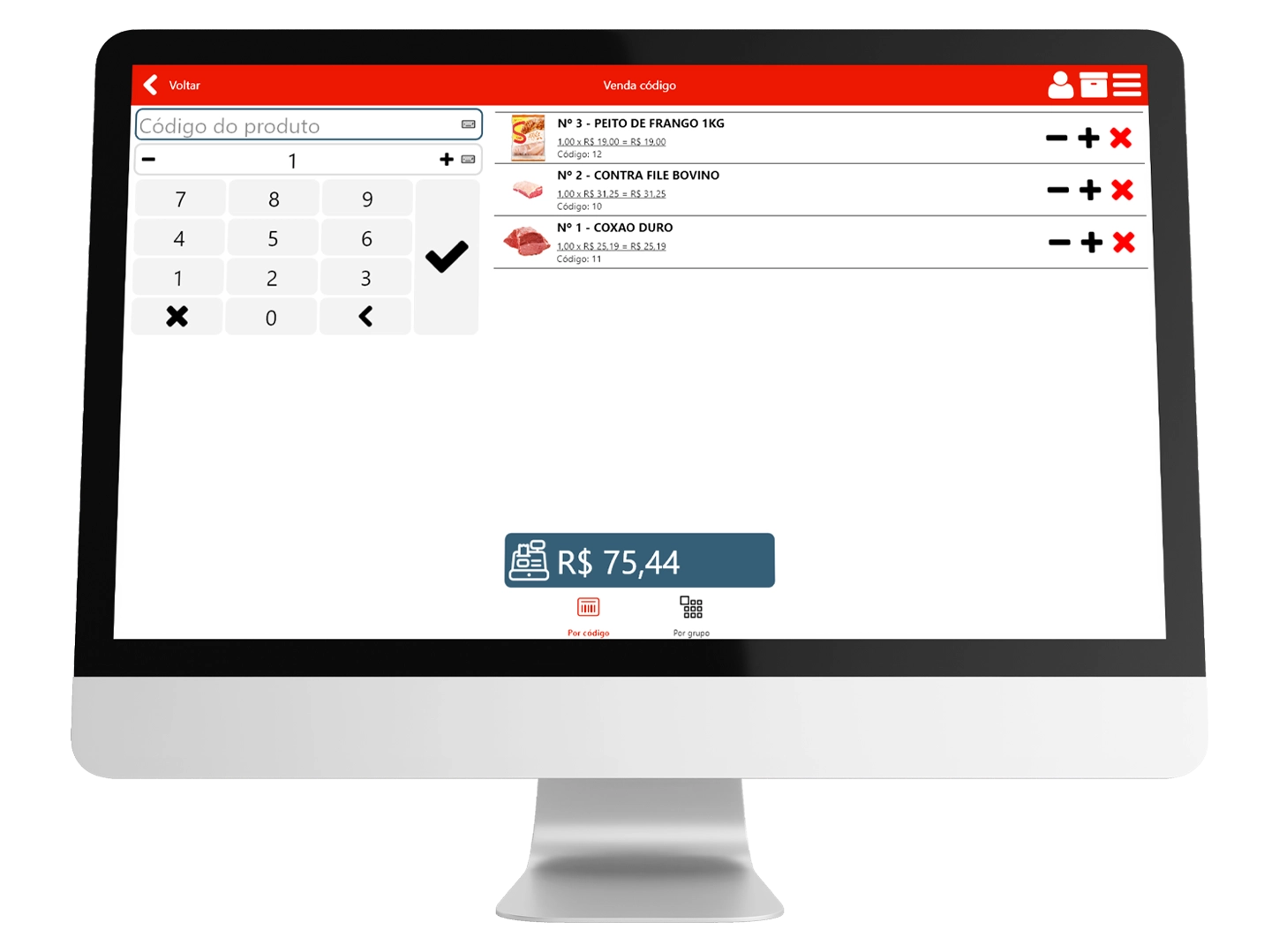 Tela de venda do PDV NoxMob em um monitor, com três produtos lançados e total de R$ 75,44