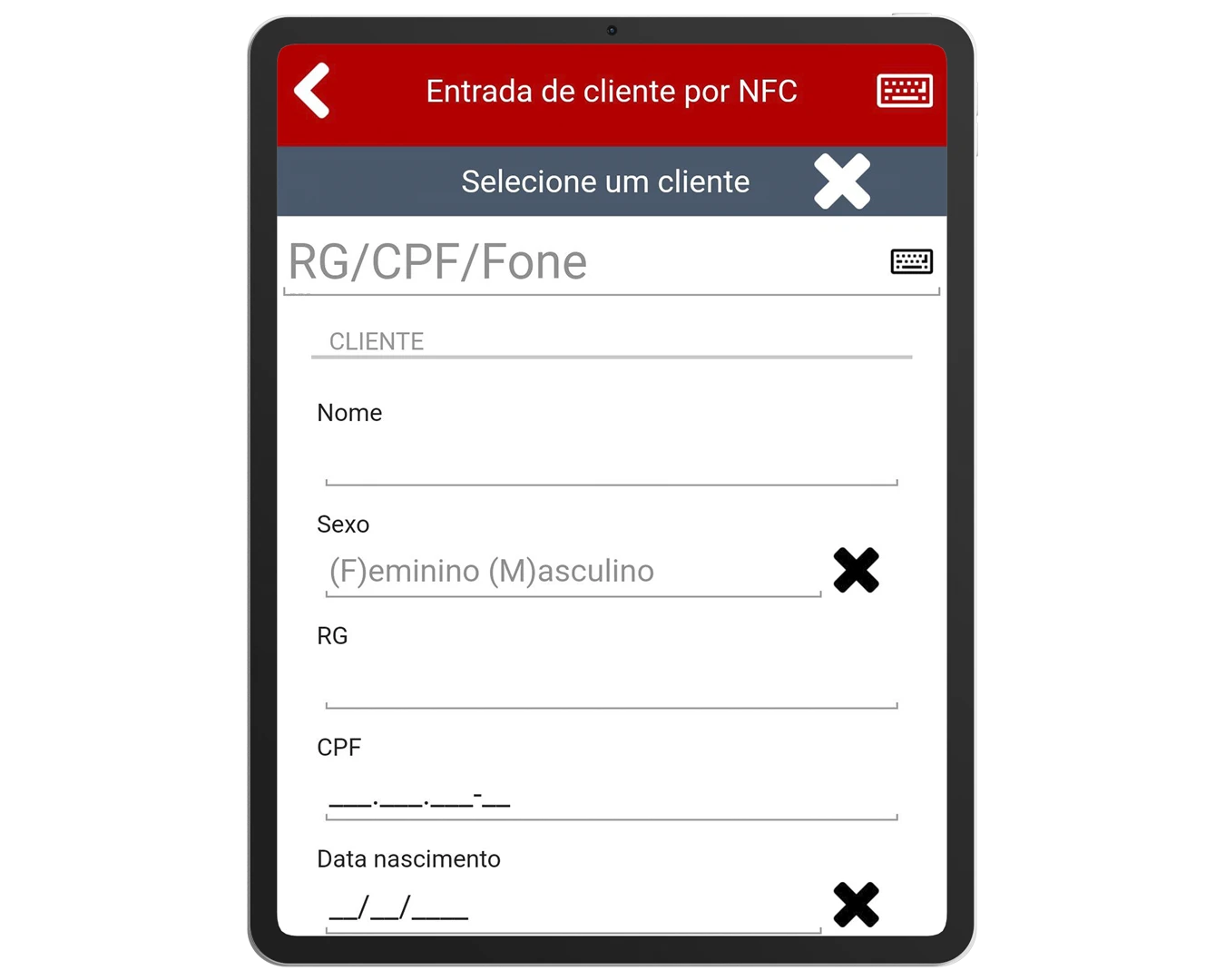 Tela de cadastro de cliente na entrada do NoxMob Gourmet