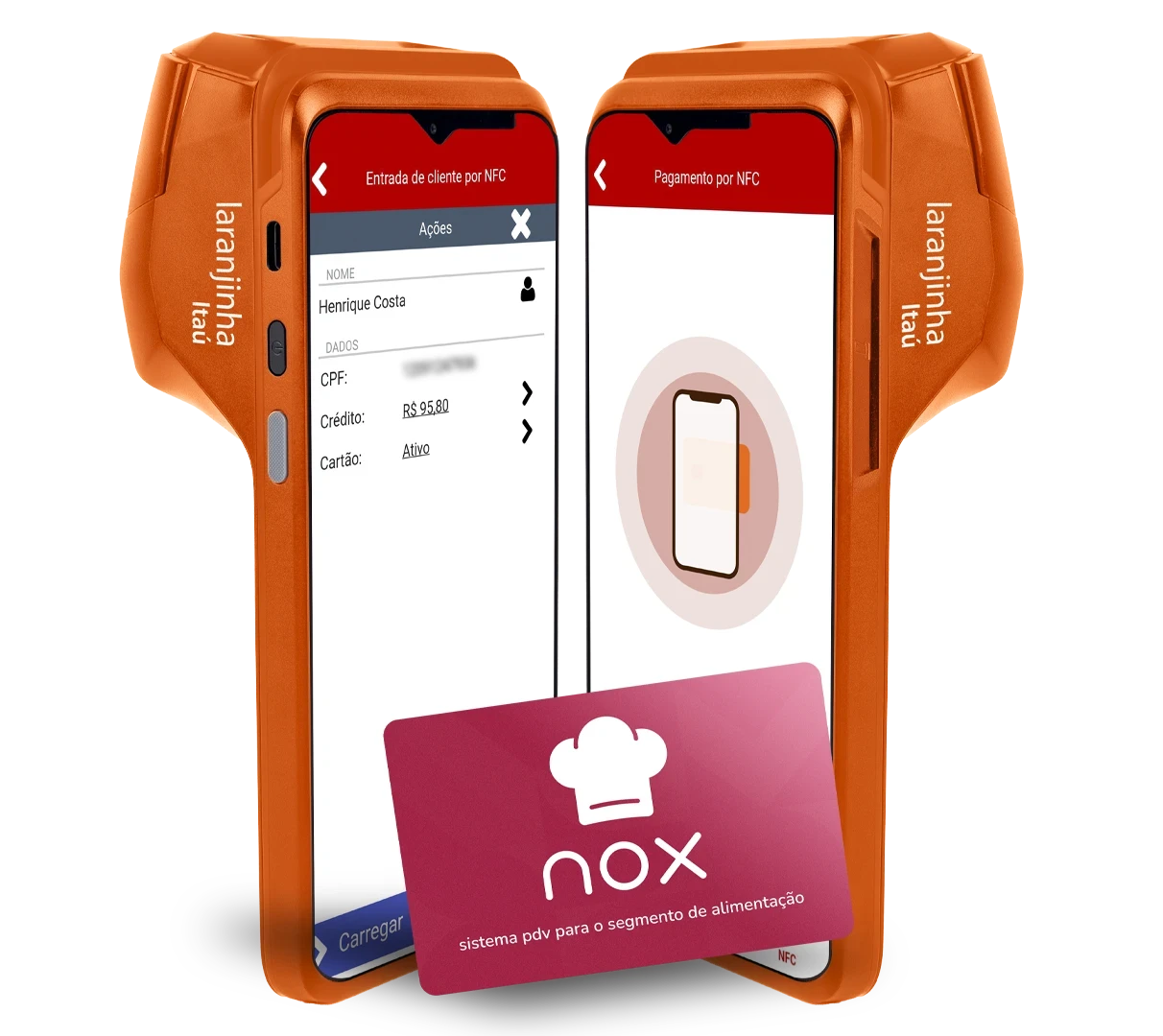 Maquininha Smart POS com as telas de entrada de cliente por NFC e de pagamento por NFC do NoxMob, com um cartão Nox à frente