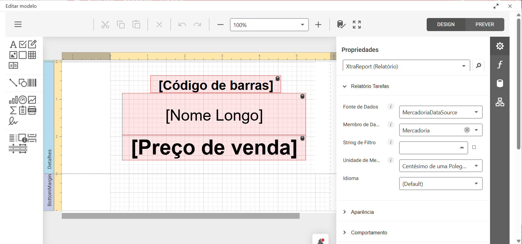 Tela Editar modelo do NoxMob Gourmet com os campos Código de barras, Nome Longo e Preço de venda e as abas Design e Prever
