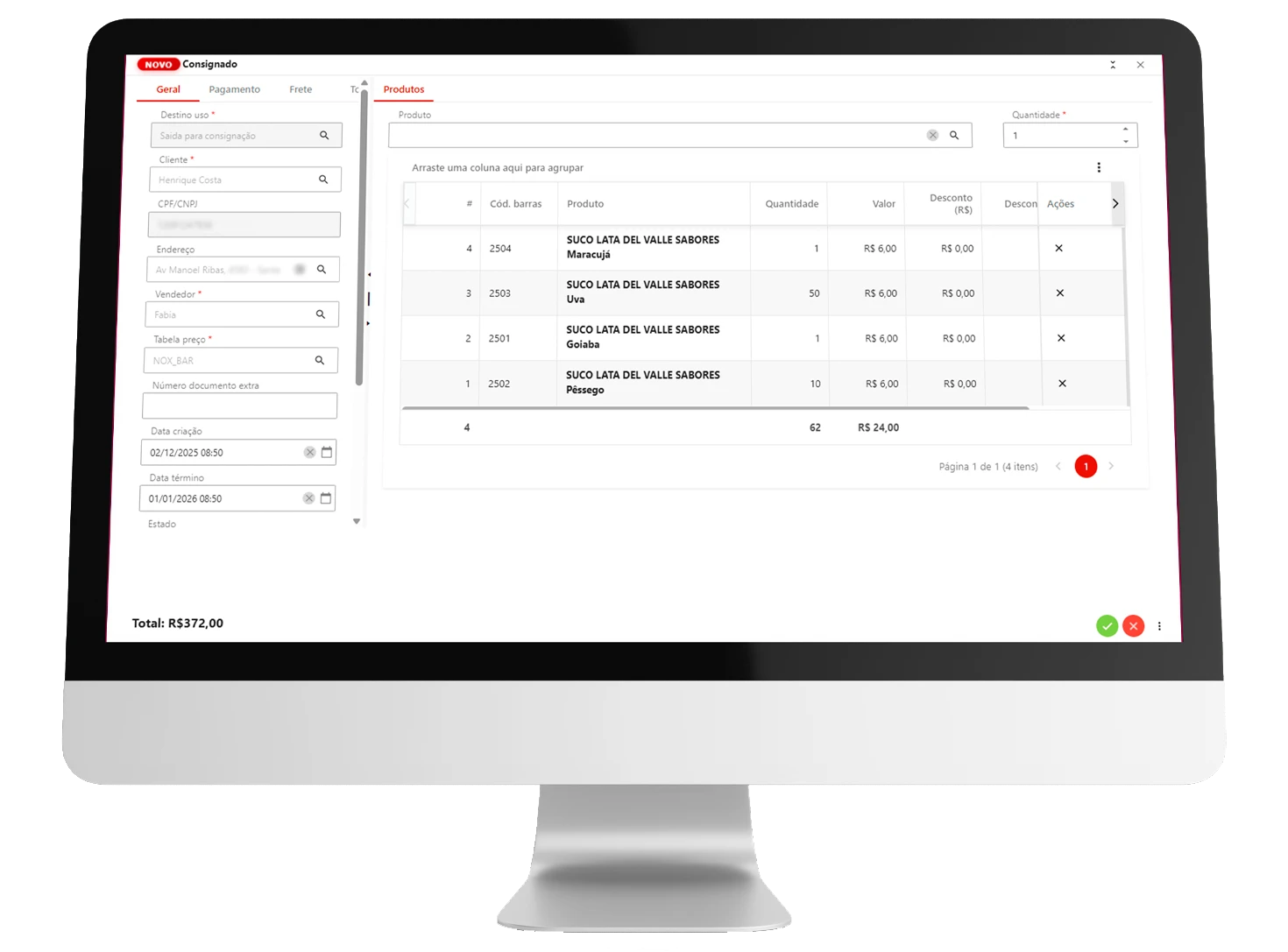 Tela de consignado do NoxMob Gourmet, sistema para food service