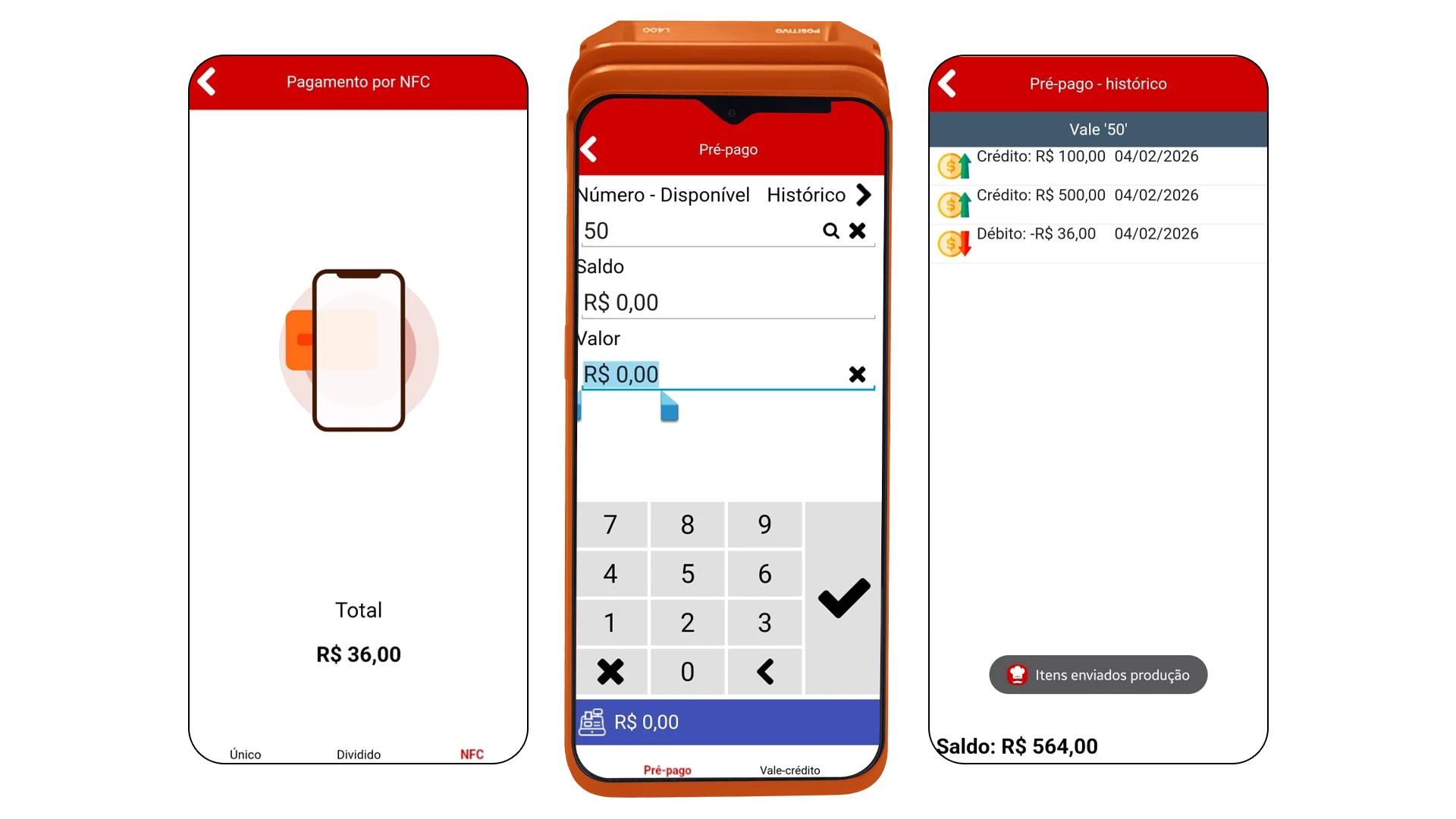 Telas do NoxMob no vale: pagamento por NFC, tela de pré-pago com número do vale, saldo e valor e histórico de créditos e débitos do vale