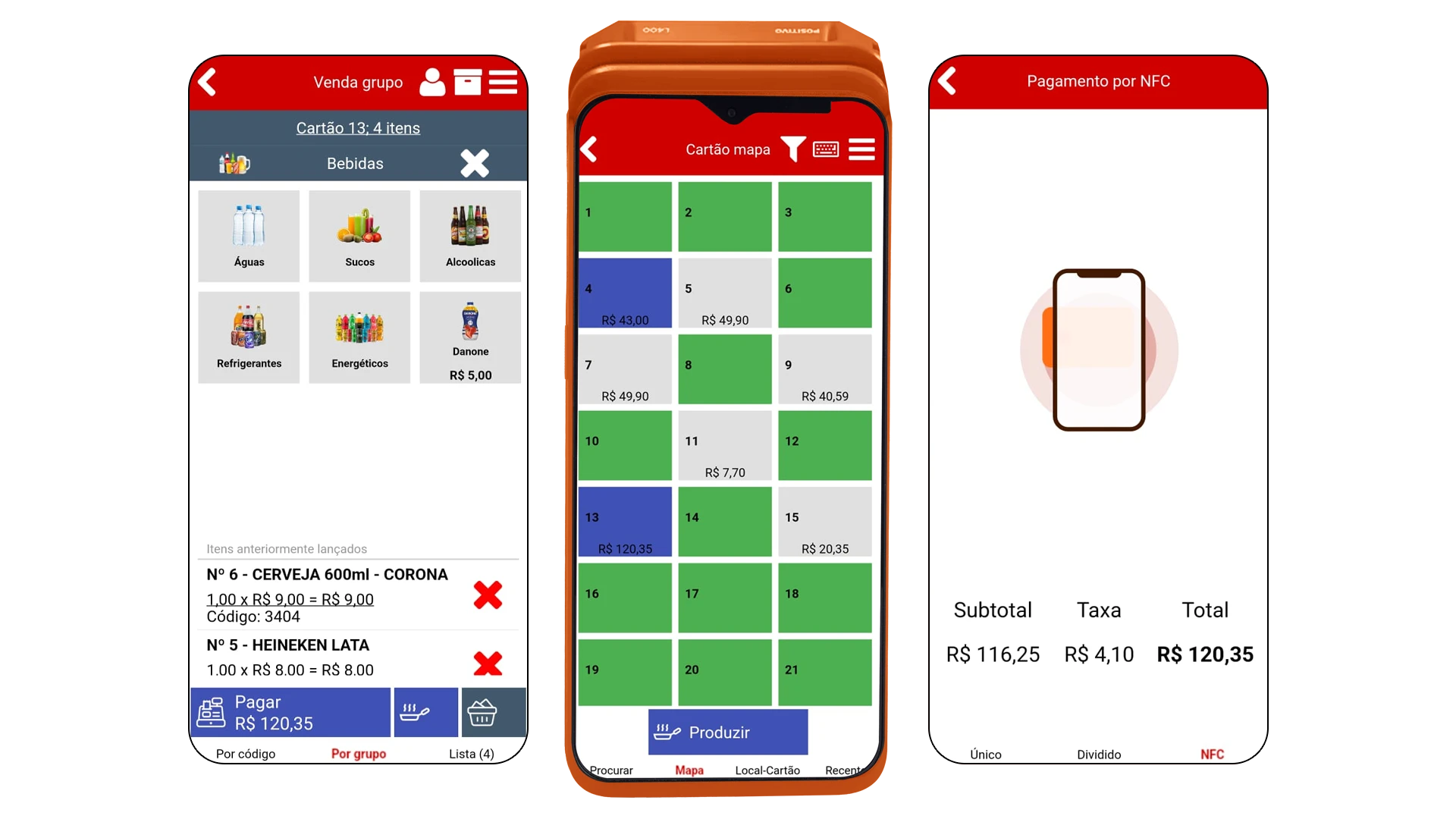 Telas do NoxMob no pós-pago: venda por grupo em um cartão, Cartão mapa com cartões disponíveis e em uso e pagamento por NFC