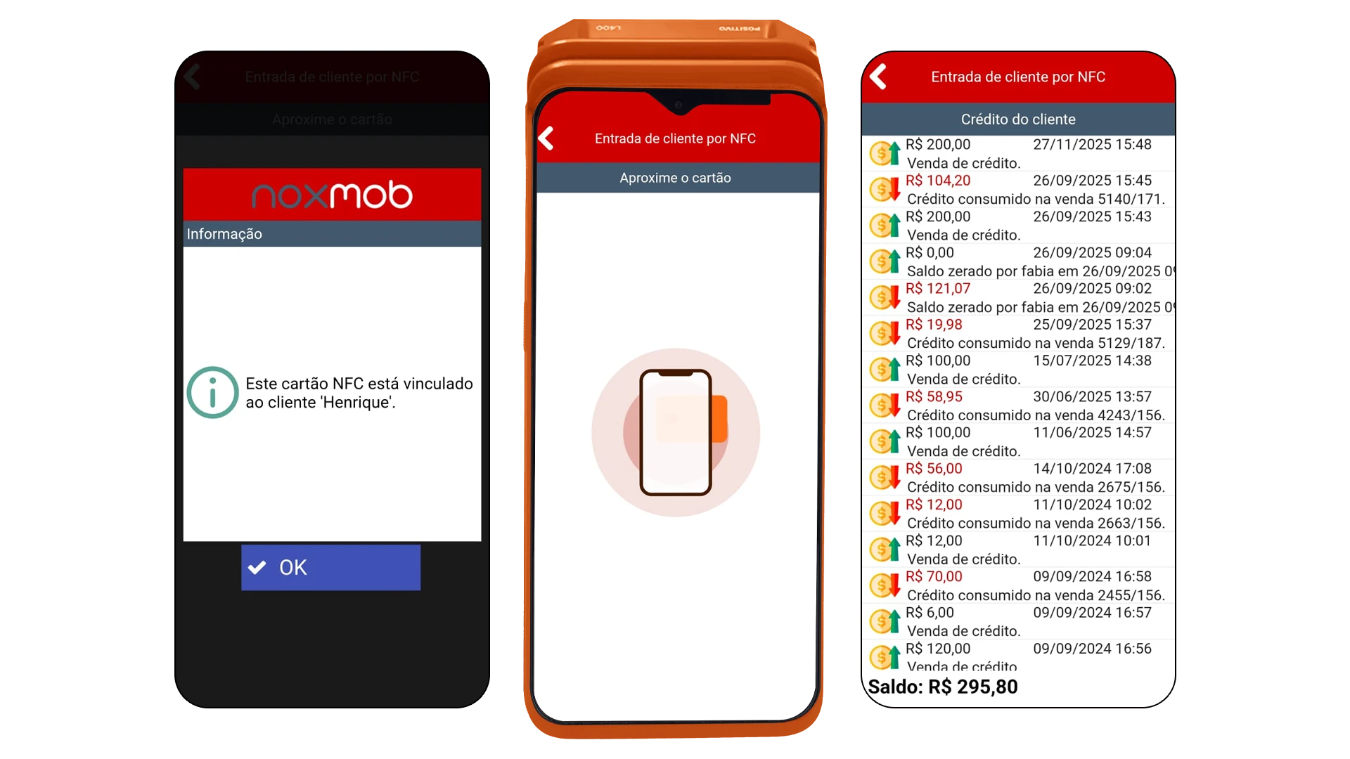 Telas do NoxMob no pré-pago: aviso de cartão NFC vinculado ao cliente, tela Aproxime o cartão na maquininha e histórico de créditos e consumos com o saldo