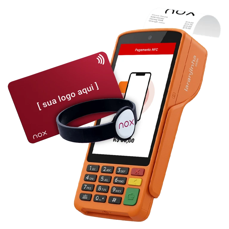 Maquininha NoxMob com cartão e pulseira de consumo por aproximação
