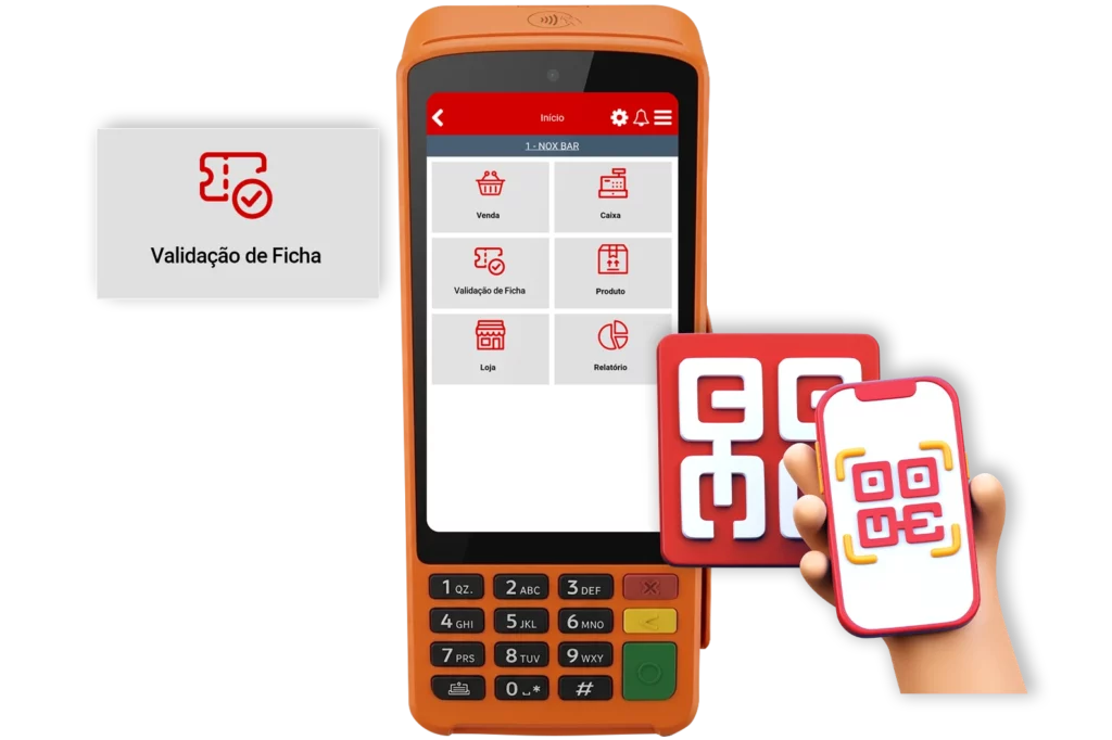 Maquininha laranja com a tela inicial do NoxMob e o atalho Validação de Ficha, ao lado de um celular exibindo um QR Code