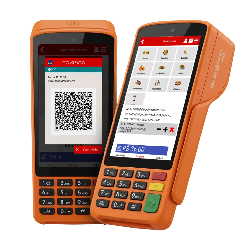 Duas maquininhas Laranjinha com o NoxMob, uma na tela de pagamento com QR Code de Pix e outra na tela de venda por grupo de produtos