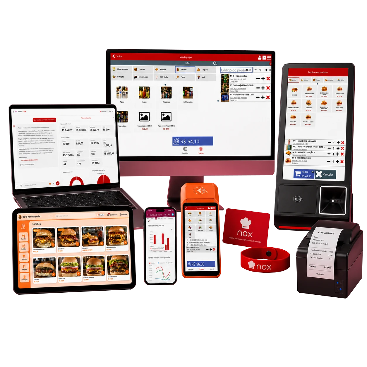 Sistema de gestão NoxMob em computador, celular, tablet e maquininha