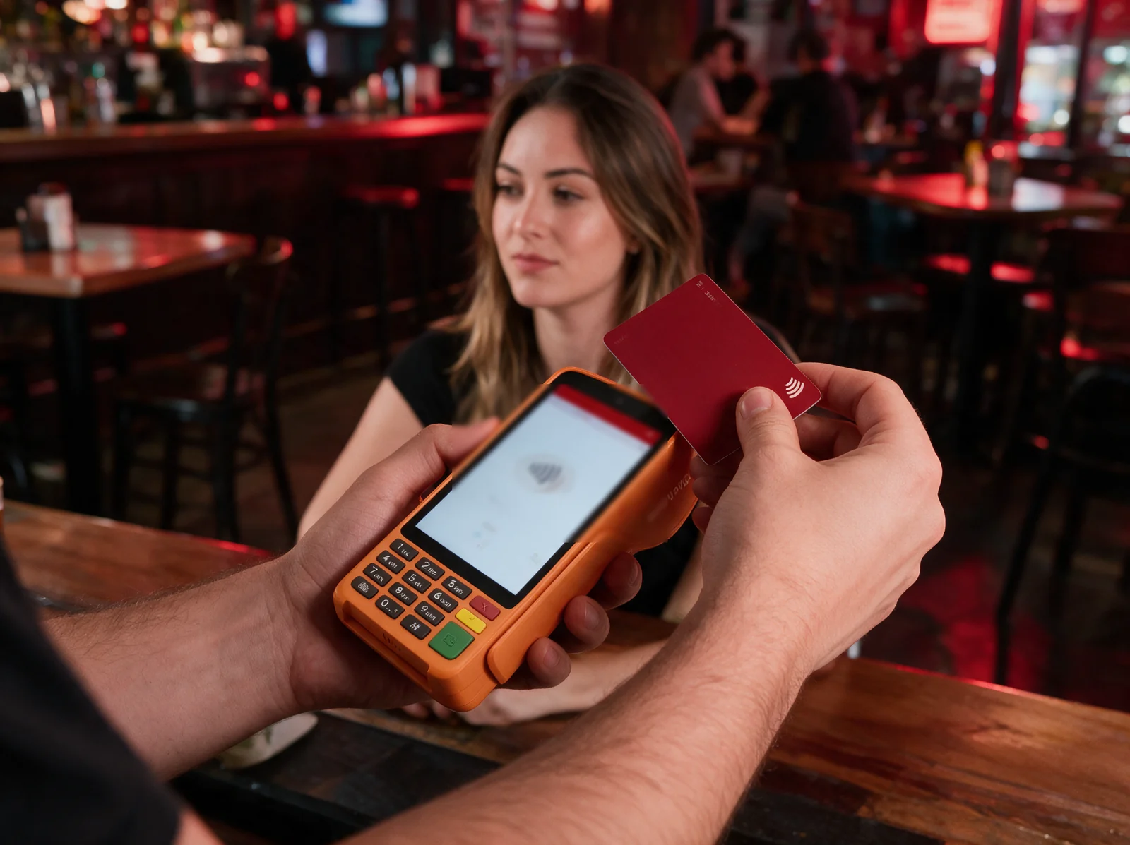 Atendente aproxima a comanda NFC da maquininha para lançar o consumo, com a cliente ao fundo no bar