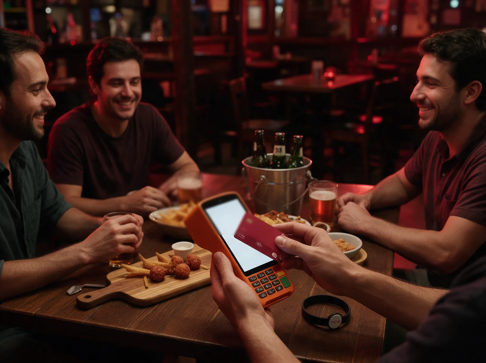 Mesa de amigos no bar fechando a conta com cartao e pulseira de consumo sobre a mesa