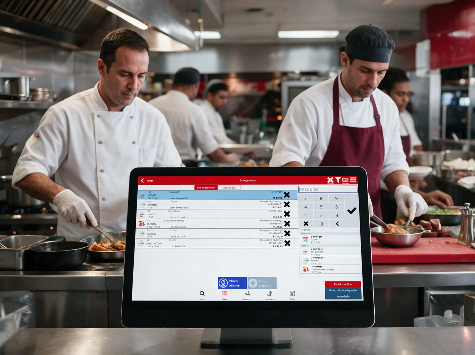 Cozinheiros trabalhando com a tela de entregas do NoxMob em um computador touch, com os pedidos em preparo, prontos e enviados para entrega