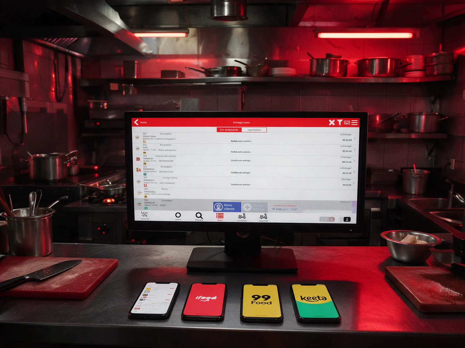 Tela de entregas do NoxMob na cozinha com os celulares do Oba Menu, iFood, 99Food e Keeta ao lado, todos centralizados no mesmo sistema