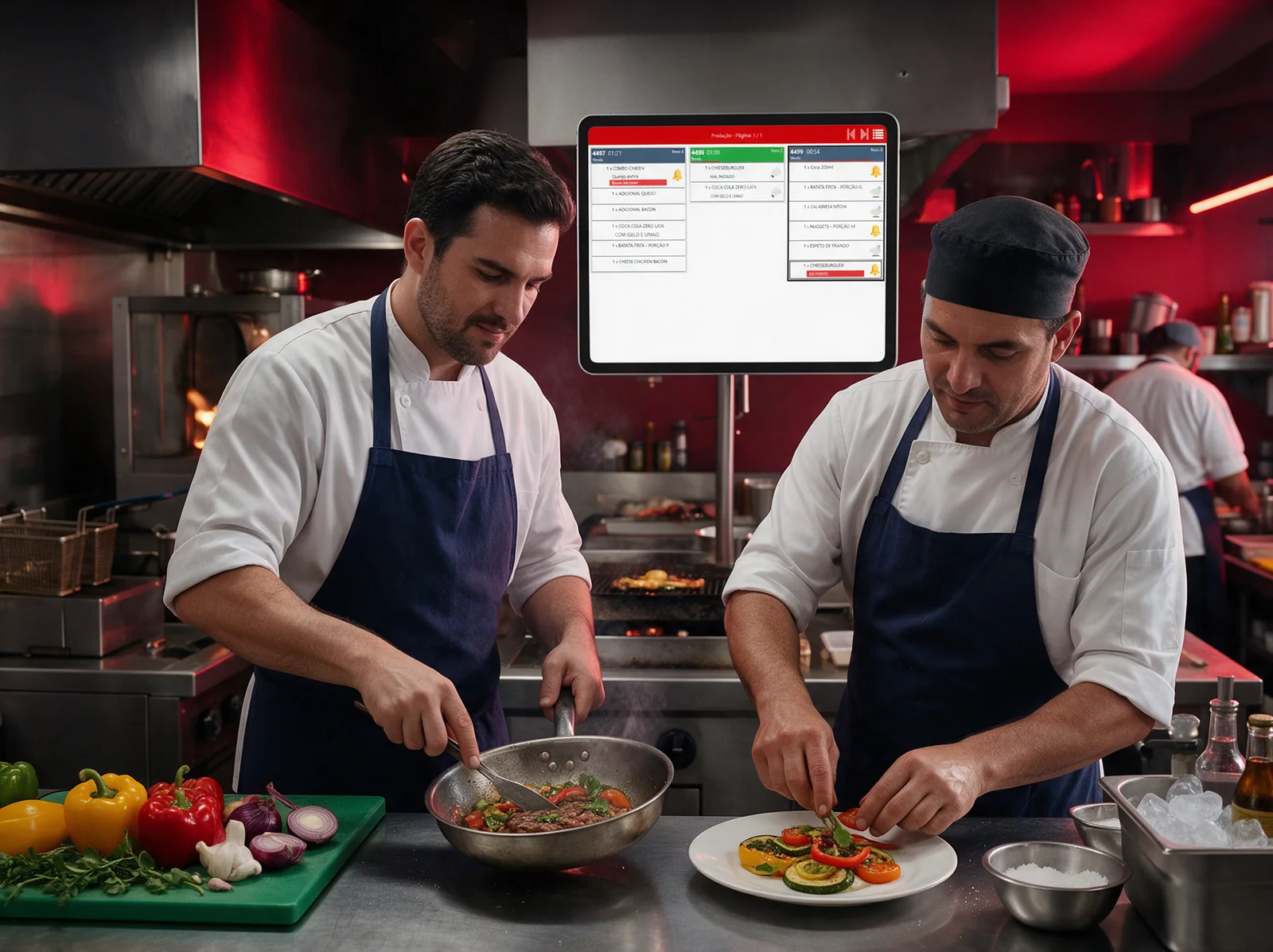 Cozinheiros preparam os pratos com o KDS do NoxMob na parede exibindo os pedidos em produção
