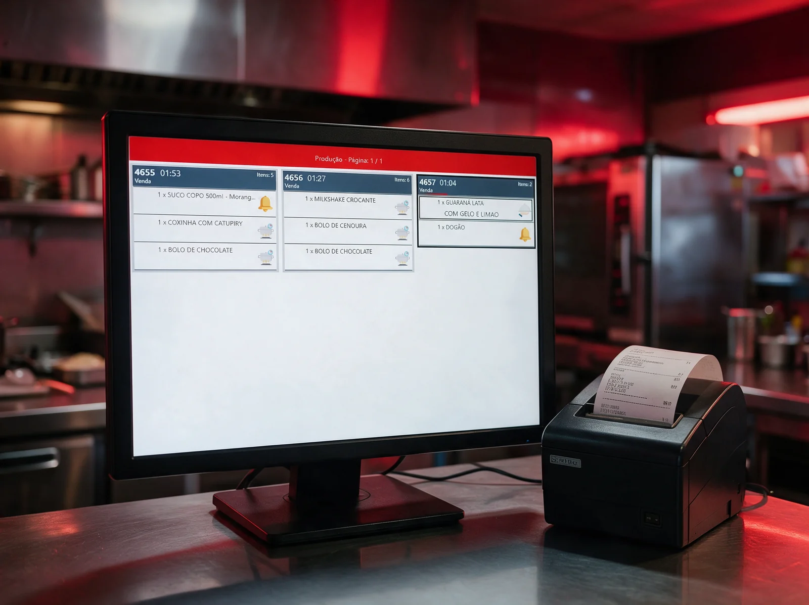 Monitor KDS do NoxMob exibindo os pedidos em produção com o tempo de cada um, ao lado da impressora imprimindo o cupom