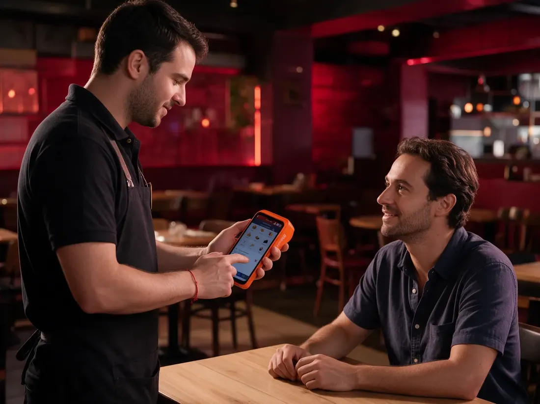Garçom registra o pedido do cliente na maquininha SmartPOS, na mesa do restaurante
