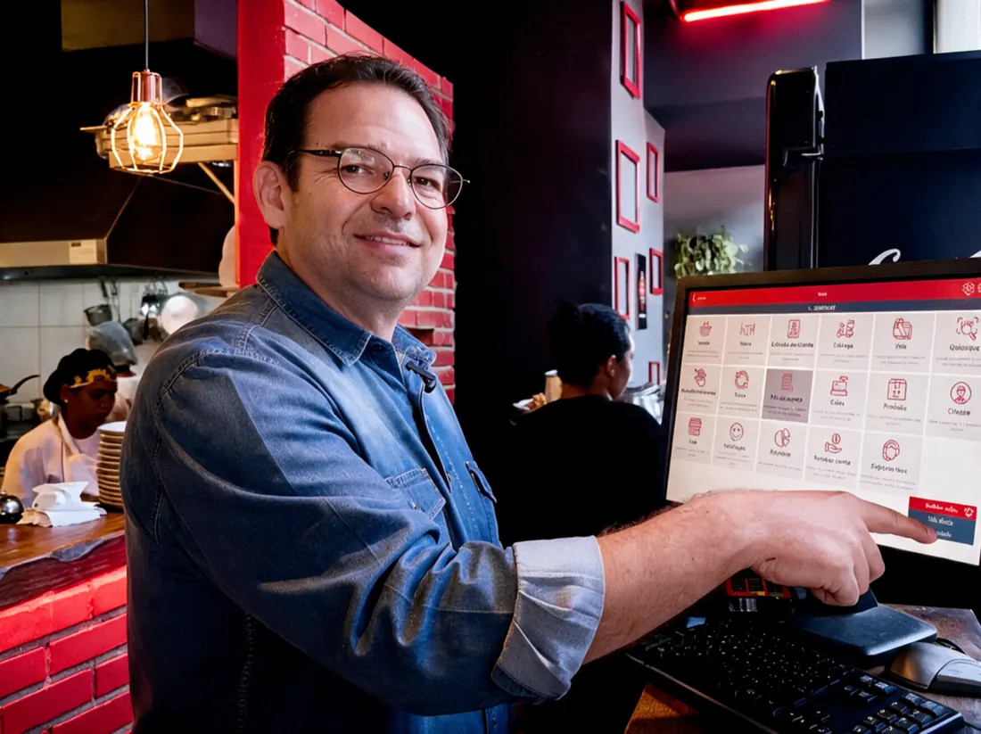 Gestor de restaurante acessa o menu do sistema PDV no computador do caixa
