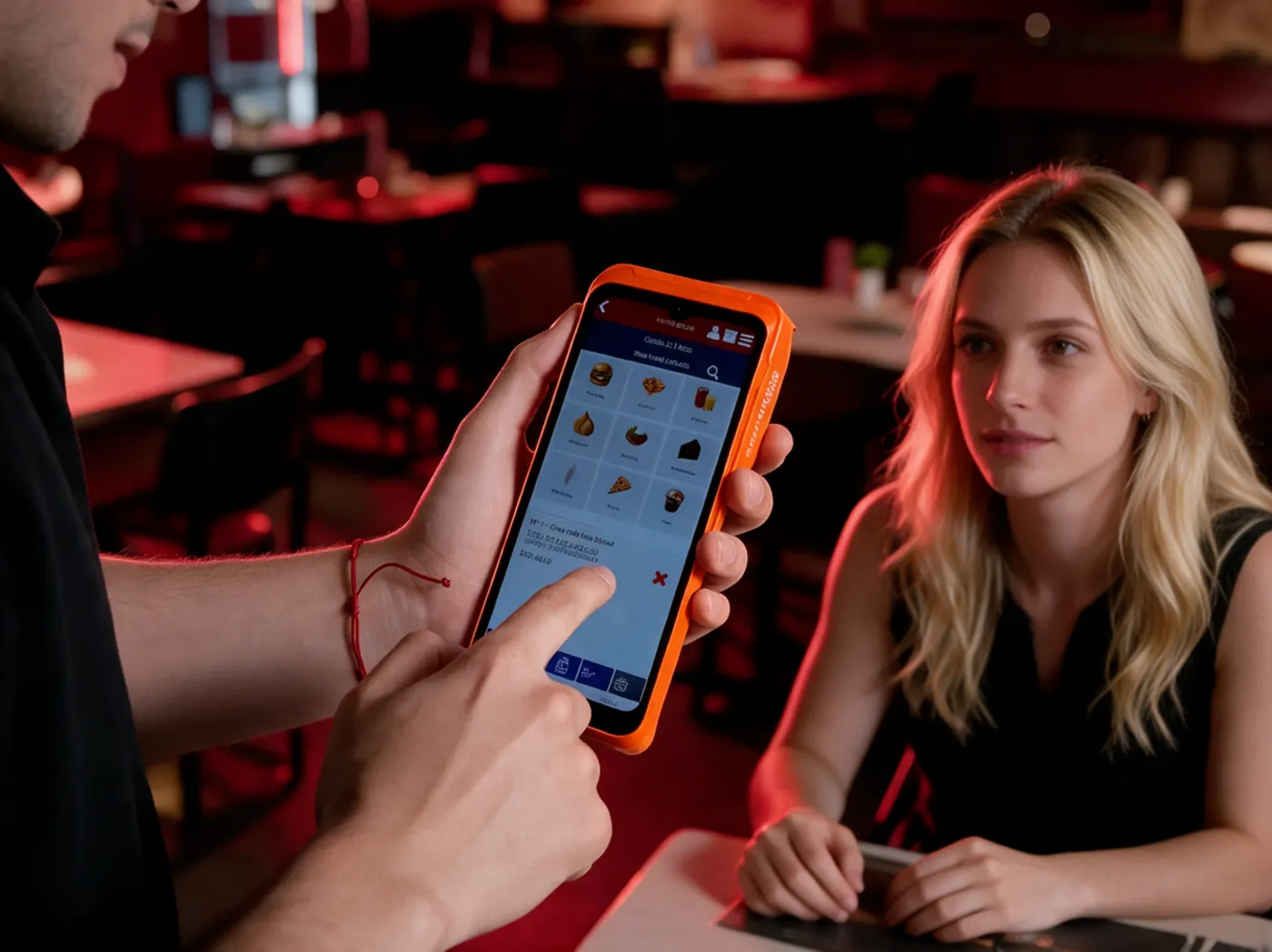 Garçom registra o pedido da cliente na maquininha SmartPOS em um restaurante