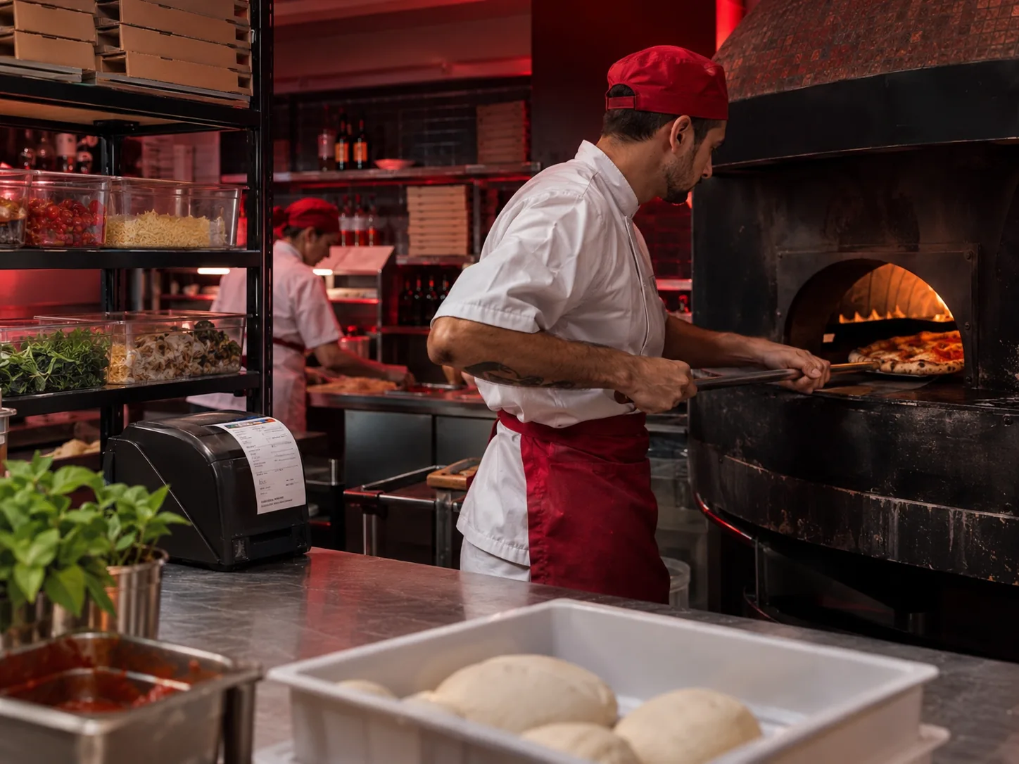 Pizzaiolo colocando a pizza no forno a lenha, com a impressora do sistema imprimindo o pedido na bancada ao lado