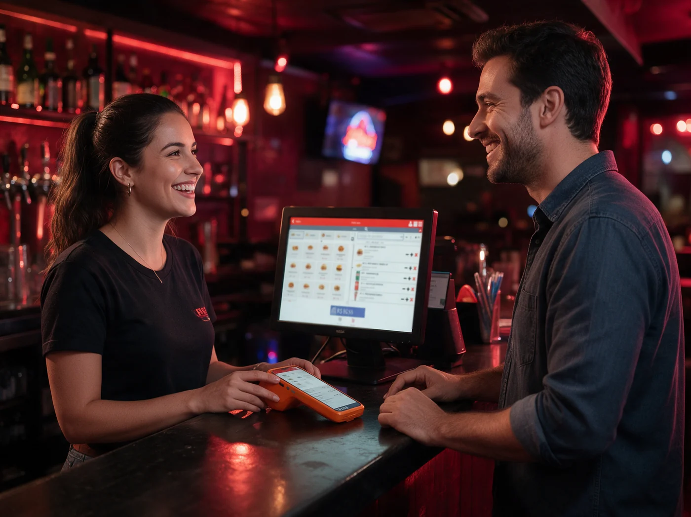 Atendente de bar lança o pedido do cliente na maquininha, aproximando a comanda de consumo